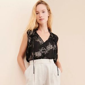 Anthropologie Current Air Floral Metallic Tie-Neck Blouse
